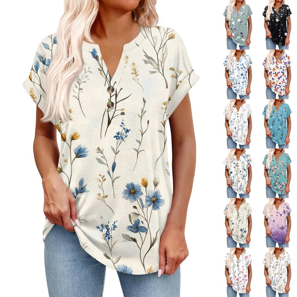 Top Pulôver Feminino Casual da Moda de Manga Curta com Decote em V, Botões e Estampa