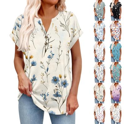 Women's Fashionable Casual Short-sleeved V-neck Button Printed Pullover Top