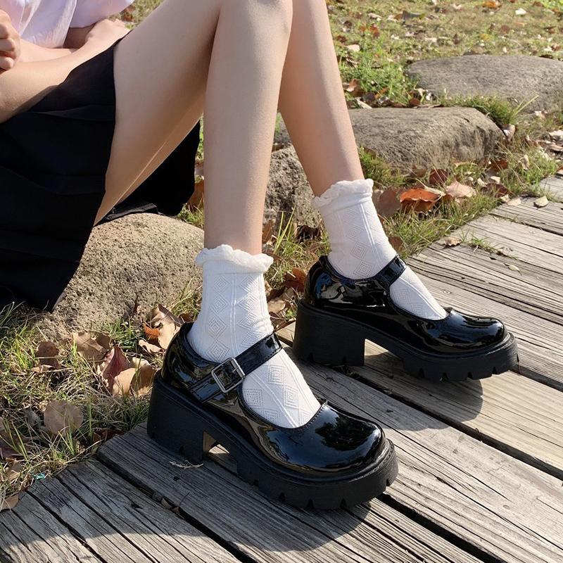 Patent Sztuczna Skóra Wysokie Obcasy Mary Jane Buty Kobiety Japoński Styl Klamra na Kostce Platforma Czółenka Kobieta Punk Jk Mundurek Lolita Buty 43