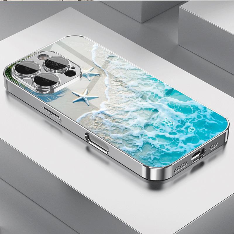 

Beach Starfish Tempered Glass Phone Case For iPhone 17 16 15 14 13 12 11 Pro Max 13 Pro 14 Plus 17 Air Electroplate Silver Cover iPhone 16