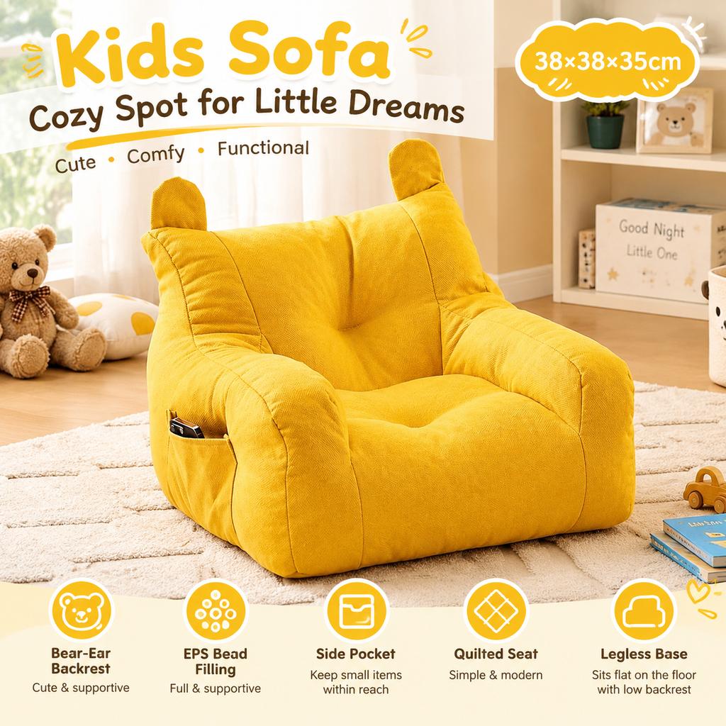 Kids Sofa Yellow Lazy Sofa with Bear-Ear Backrest and Side Pocket 38x38x35cm