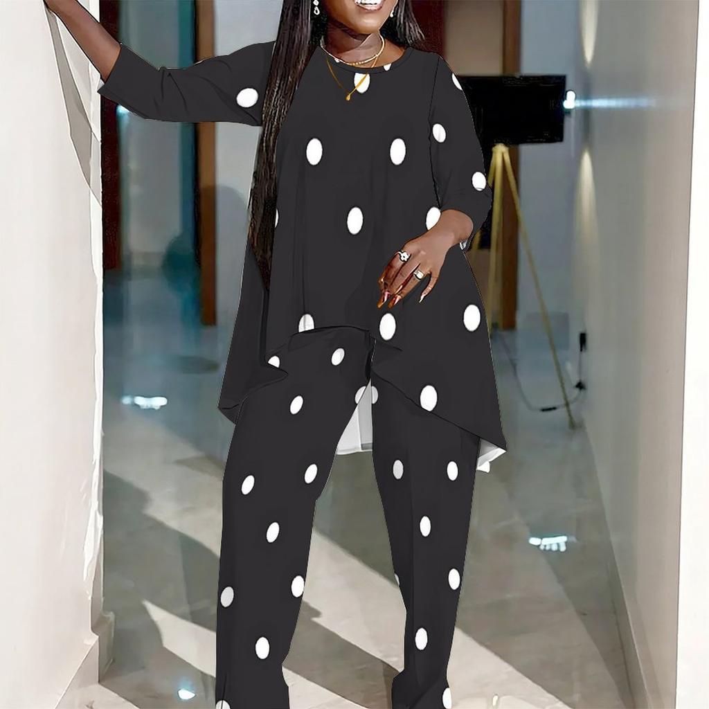 Women Plus Size Two Piece Printed Outfit Irregular Hem Round Neck Three Quarter Sleeve Top Wide Leg Trousers