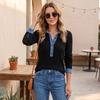 Women's Denim Collar Long Sleeve Pullover Knit Sweater Top with Patchwork Design