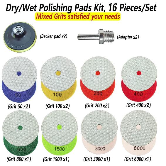 16 Packs Dry Diamond Polishing Pads Set, 4 Inch Dry/Wet Granite Bufffing Pad for Marble Quartz Concrete Stone Tiles - High Temperature Resistance