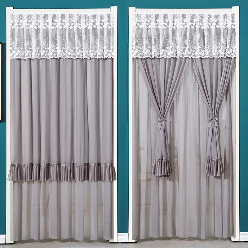 Lace Door Partition Curtain for Home – No-Drill, Double Layer, Transparent Gauze, Polyester, Anti-Mosquito.