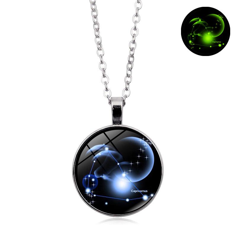 Glowing Zodiac Constellation Gemstone Pendant Necklace Vintage Versatile Sweater Chain Jewelry Accessory