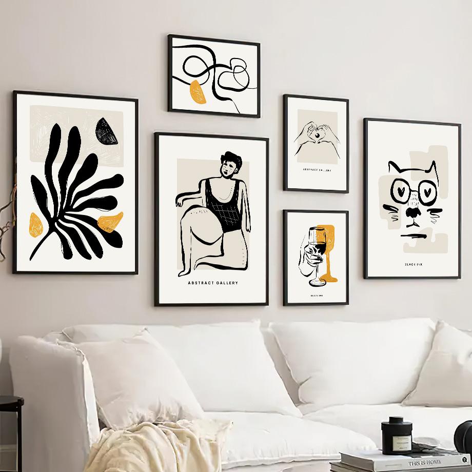 Black Ink Girl Leaf Wine Glass Line Wall Art Canvas Painting Abstract Posters And Prints Wall Picture For Living Room Home Decor