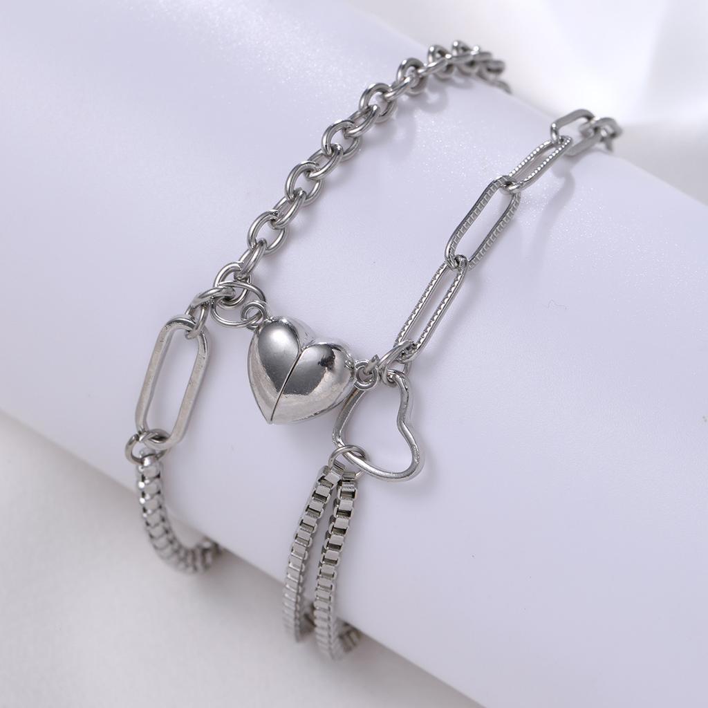 2PCS Simple Fashion Stainless Steel Bracelet Set for Couple Unisex Women Men Lover Heart Silver Color Chain Bracelets Jewelry