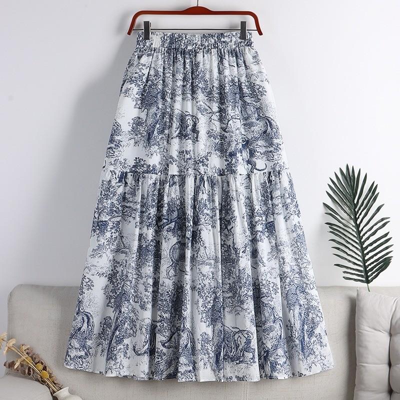 Qooth Elegant Women A-line Ink Painting Print Chiffon Skirt Mid Length Elastic Waist Skirt QT2653