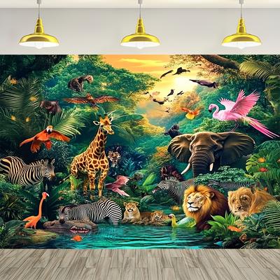 Safari-Tier-Dschungel-Wandteppich, Wandkunst mit Wildtier-Thema, Löcher für Wohnzimmer- und Schlafzimmerdekoration, Universell für Feiertage