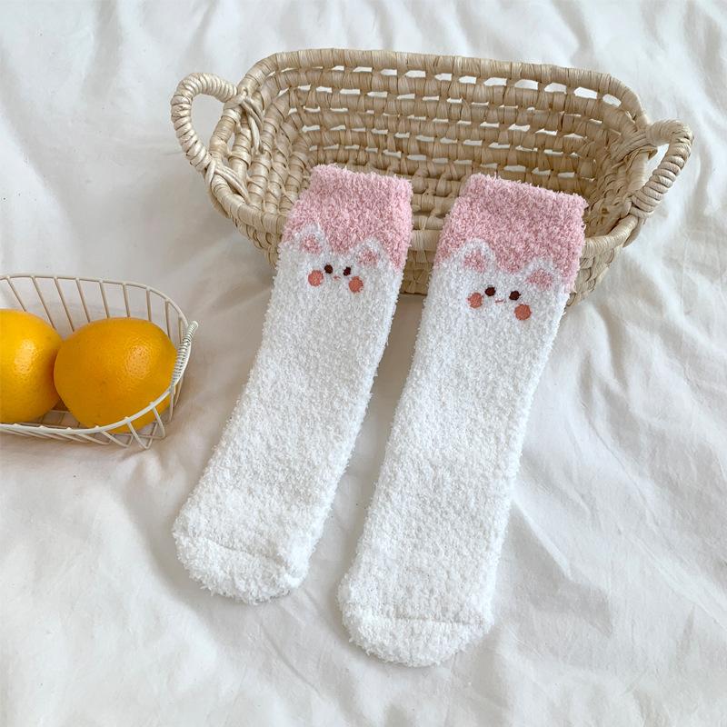 Winter Coral Fleece Socks Female Cartoon Cute Plush Thickened Sleeping Socks Female Medium Tube Floor Confinement Socks Female