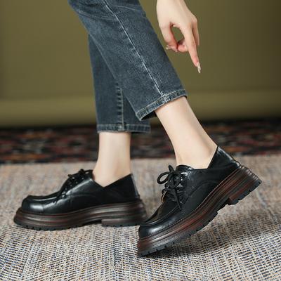 Retro British Style Lace-up Small Leather Shoes Women's 2025 Spring New Round Head Single Shoes Exquisite Girls Thick Heel Loafers