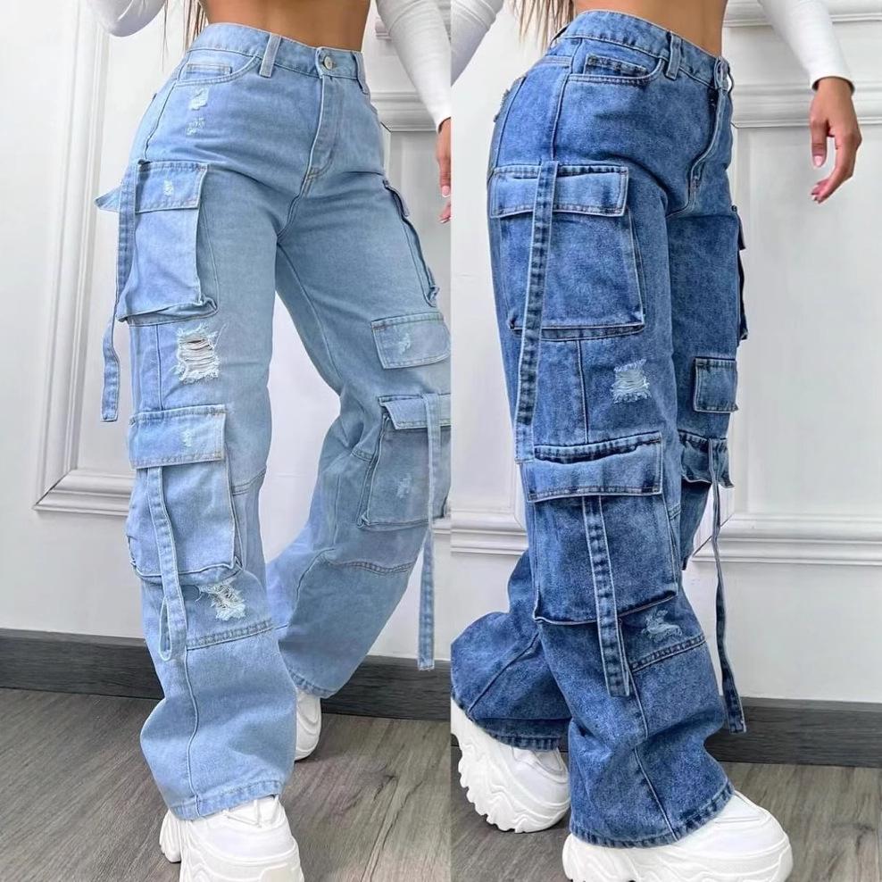 Women's Plus Size High Waist Multi-Pocket Casual Denim Workwear Pants