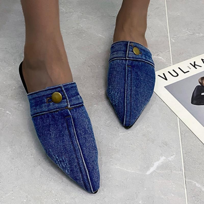 Pantoufles en Denim de Créateur Mode Été Pointues Luxe Bouton Métal Chaussures Plates pour Dames Sandales Décontractées d'Extérieur Plage