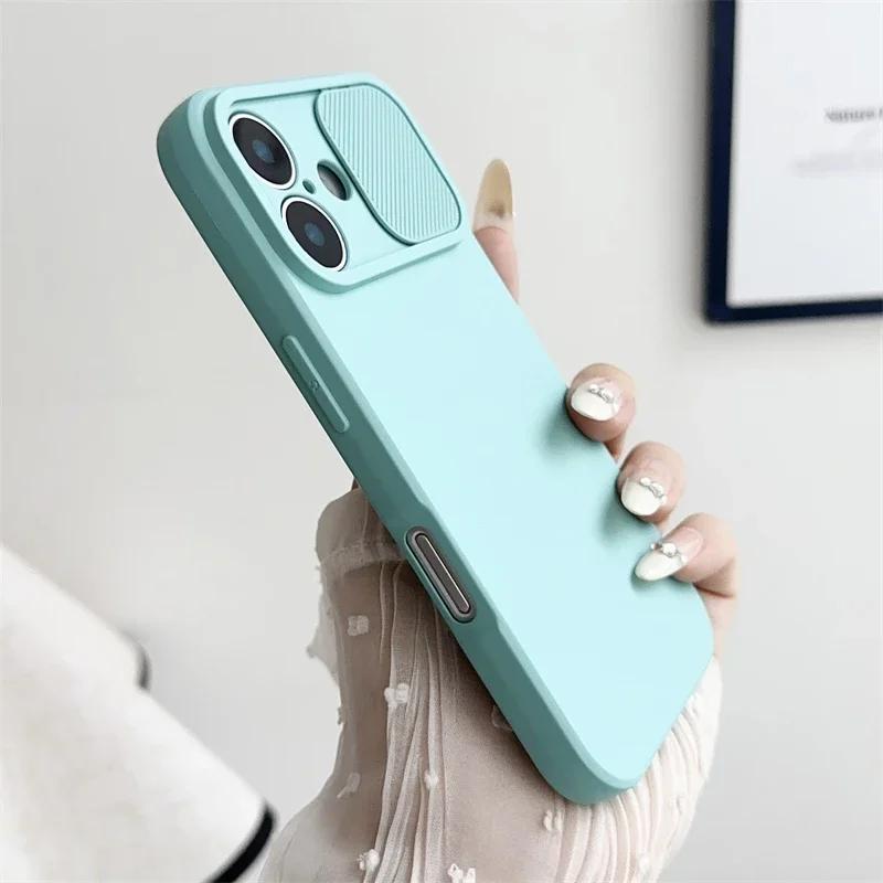 Slide Camera Lens Protection Cover for IPhone 16E 16 15 14 Plus 13 12 11 Pro XS XR Max 8 7 Phone Case Shockproof Soft Silicone