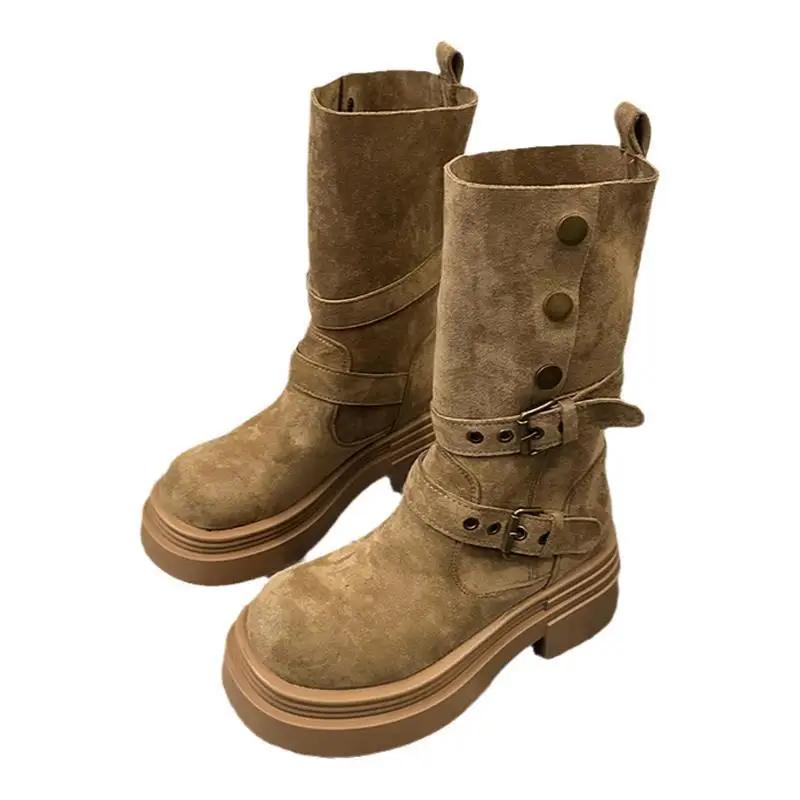 Fashion Women's Long Boots Fashion Platform Height Increasing Outdoor Knight Boots  Spring Autumn New Retro Belt Buckle Women Shoes