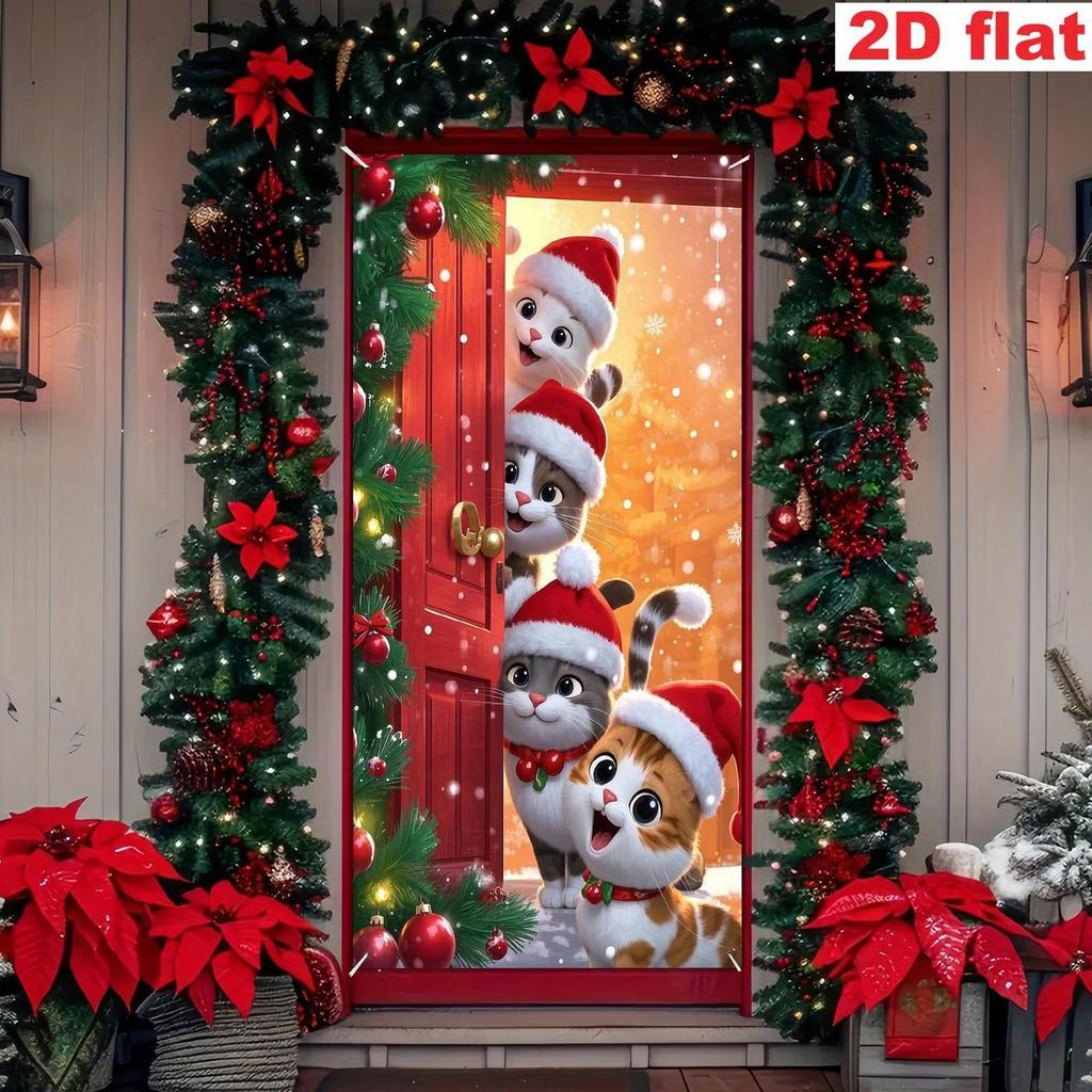 Housse de porte d'entrée de Noël Mignonne Réutilisable Imperméable Quatre Chats Bannière de porte de Noël Décor de fête Pour Intérieur Extérieur Bureau