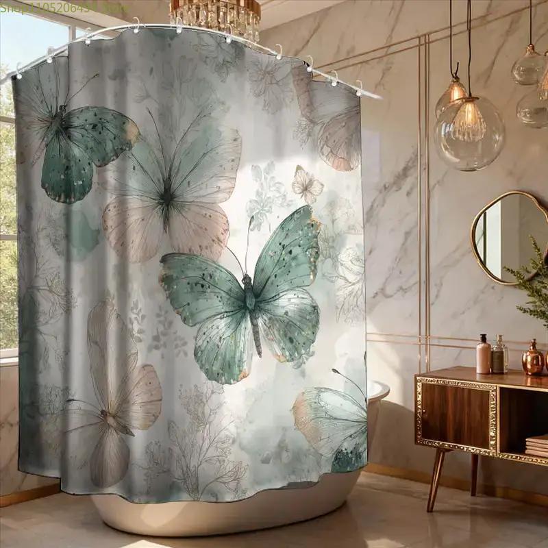 1pc Bathroom Shower Curtain, Butterfly Garden Visit Experience, Anniversary Shower Curtain, with 12 Hooks, 180*180Cm Bathroom