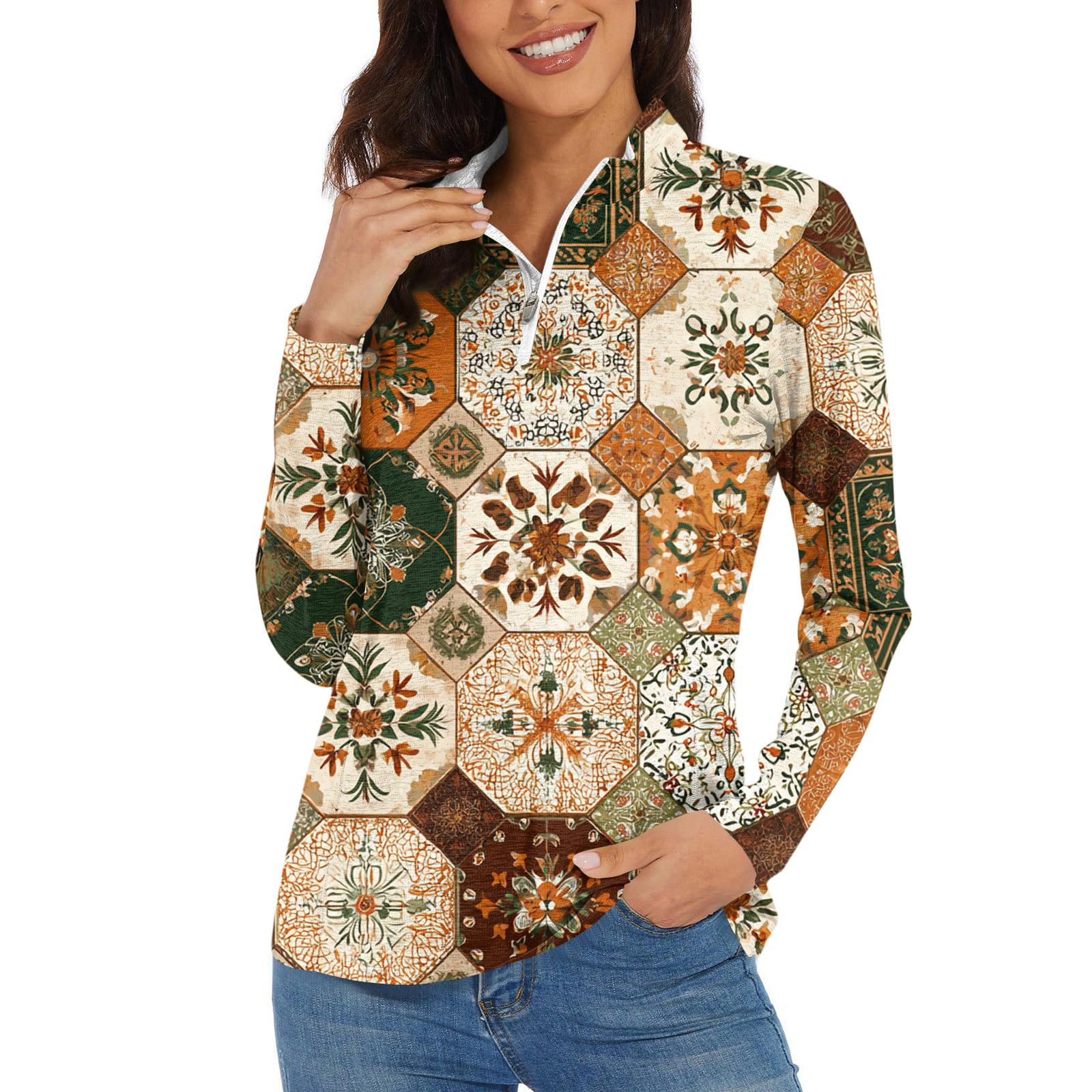 

Женская повседневная модная футболка с длинным рукавом и принтом в стиле ретро с цветочным узором и молнией на шее S хаки