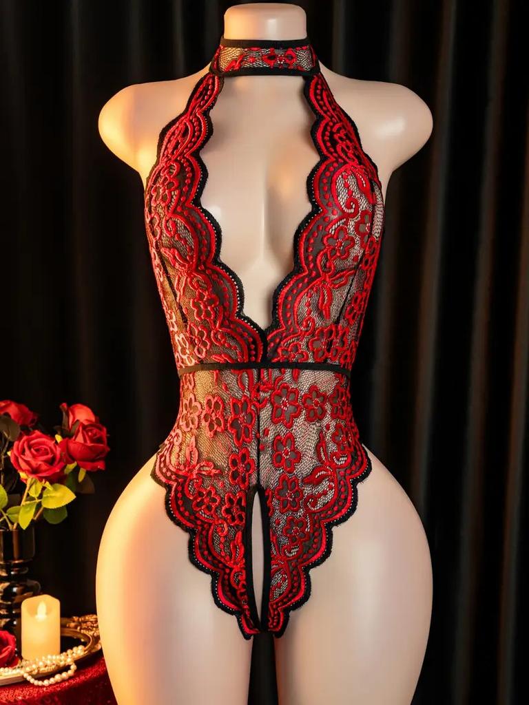 Lace Sheer One-piece Body Suit Crotchless Hot Woman Set Ultra-thin Hanging Neck Bodysuit Erotic Costume Big Backless Underwear