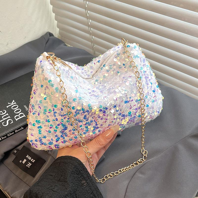 

Персонализированная маленькая сумка с пайетками женская 2025 новая нишевая текстурная сумка через плечо и мессенджер темпераментная простая цепочка маленькая квадратная сумка белый