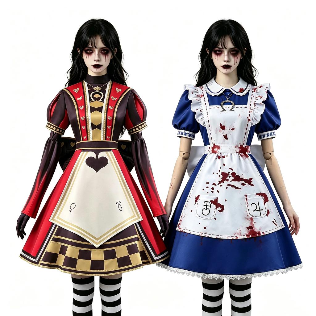 Women Gothic Halloween Costume Retro Poker Heart Queen Dress Bloody Stain Maid Apron Dress Carnival Masquerade Alice Cosplay