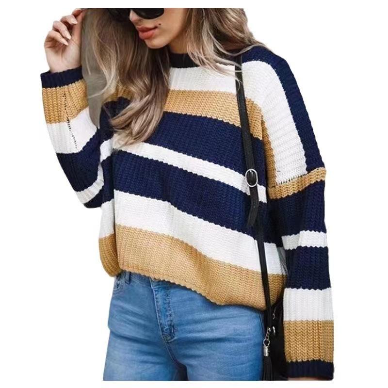 

Новая женская мода Свежий Простой Свободный Разноцветный Полосатый Вязаный Свитер Удобный Повседневный XL хаки
