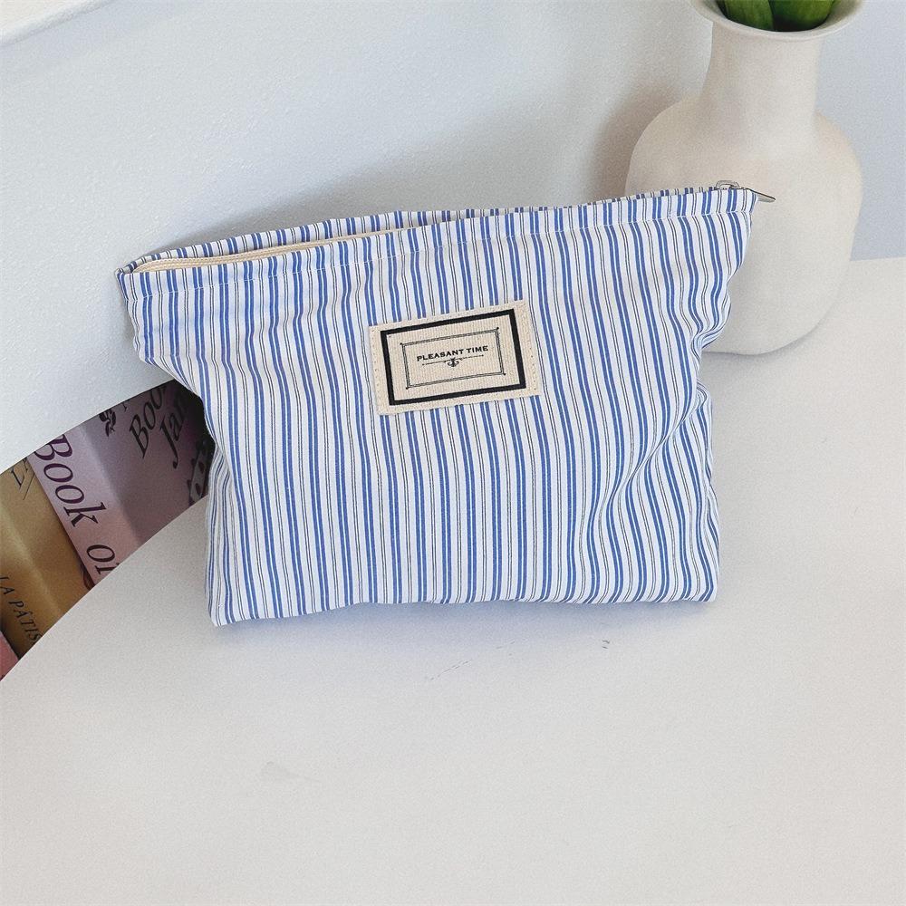 Blue Striped Women's Makeup Case Wash Storage Bags Casual Canvas Ladies Cosmetic Bag Travel Female Clutch Purse Handbags
