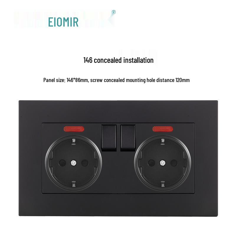 Black 16A German Standard Socket Panel with Double USB + Type C, Concealed European Installation