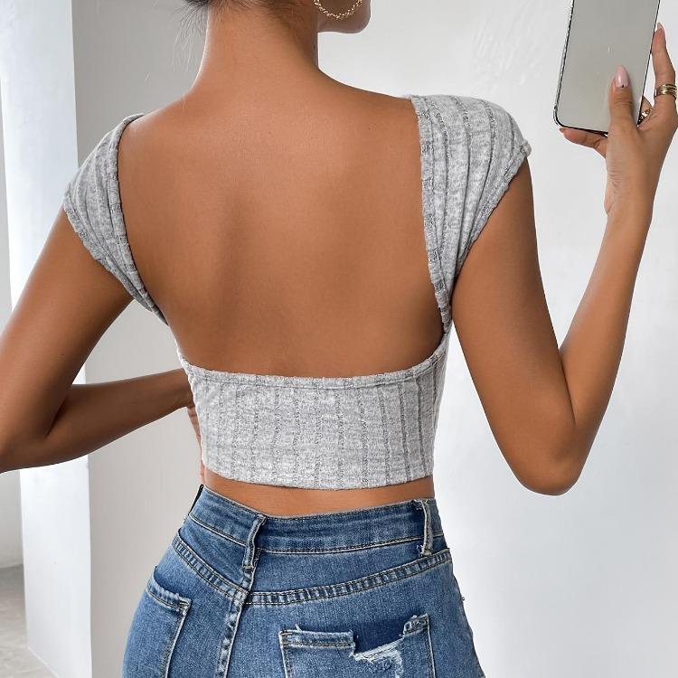 Summer Women Tshirt Solid Color Slim Fit O Neck Short Sleeve Backless Top Elastic Knit Casual Tee S XL