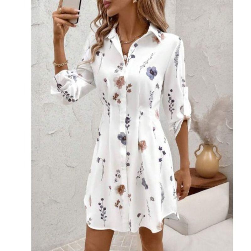 

Fall New Arrival Fashion Style Lapel Florals Pattern Single Breasted Fashion Commuter Mid Length Long Length Long Sleeve Shirt Top Women White M