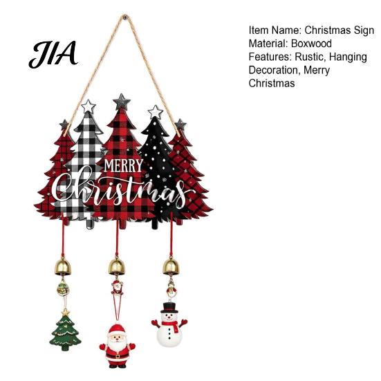 Indoor Holiday Party Supplies Merry Christmas Wooden Wall Door Hanging Sign with Bells, Rustic Santa Snowman Decor Tree Reindeer Decorative
