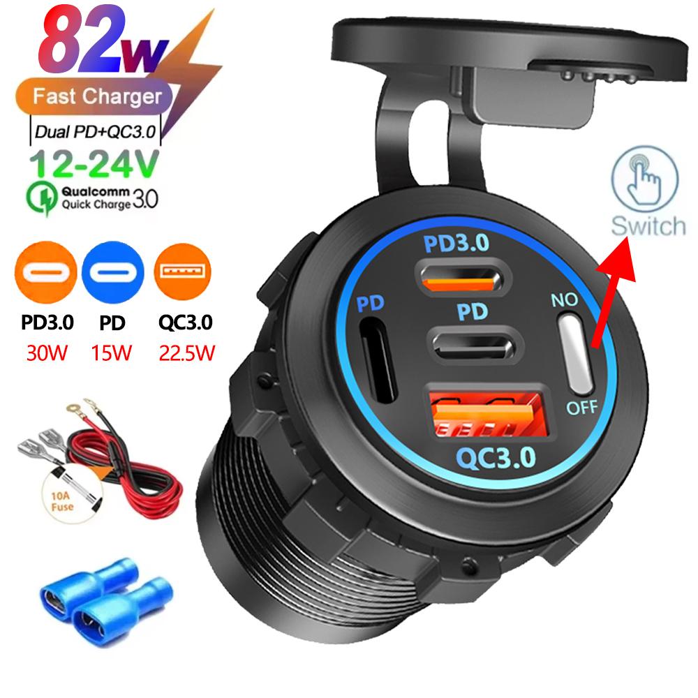 2/3/4 Port PD QC 3.0 USB Car Charger with Voltmeter Socket Power Outlet Adapter Waterproof for 12V/24V Car ATV Boat Hot Sale