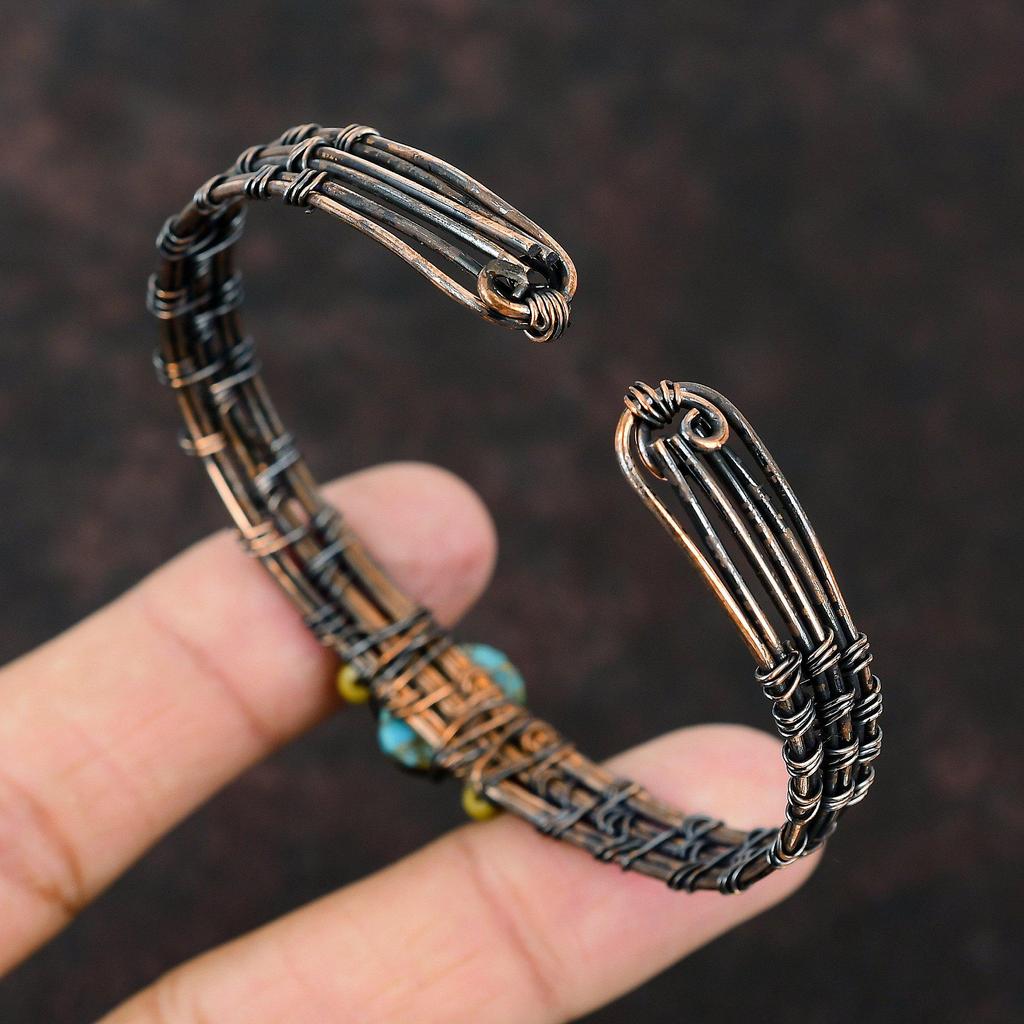 Copper Blue Turquoise Cuff Bracelet Yellow Coral & Red Coral Beads Bangle Copper Wire Wrapped Jewelry Adjustable Bracelet Gemstone Wire Cuff