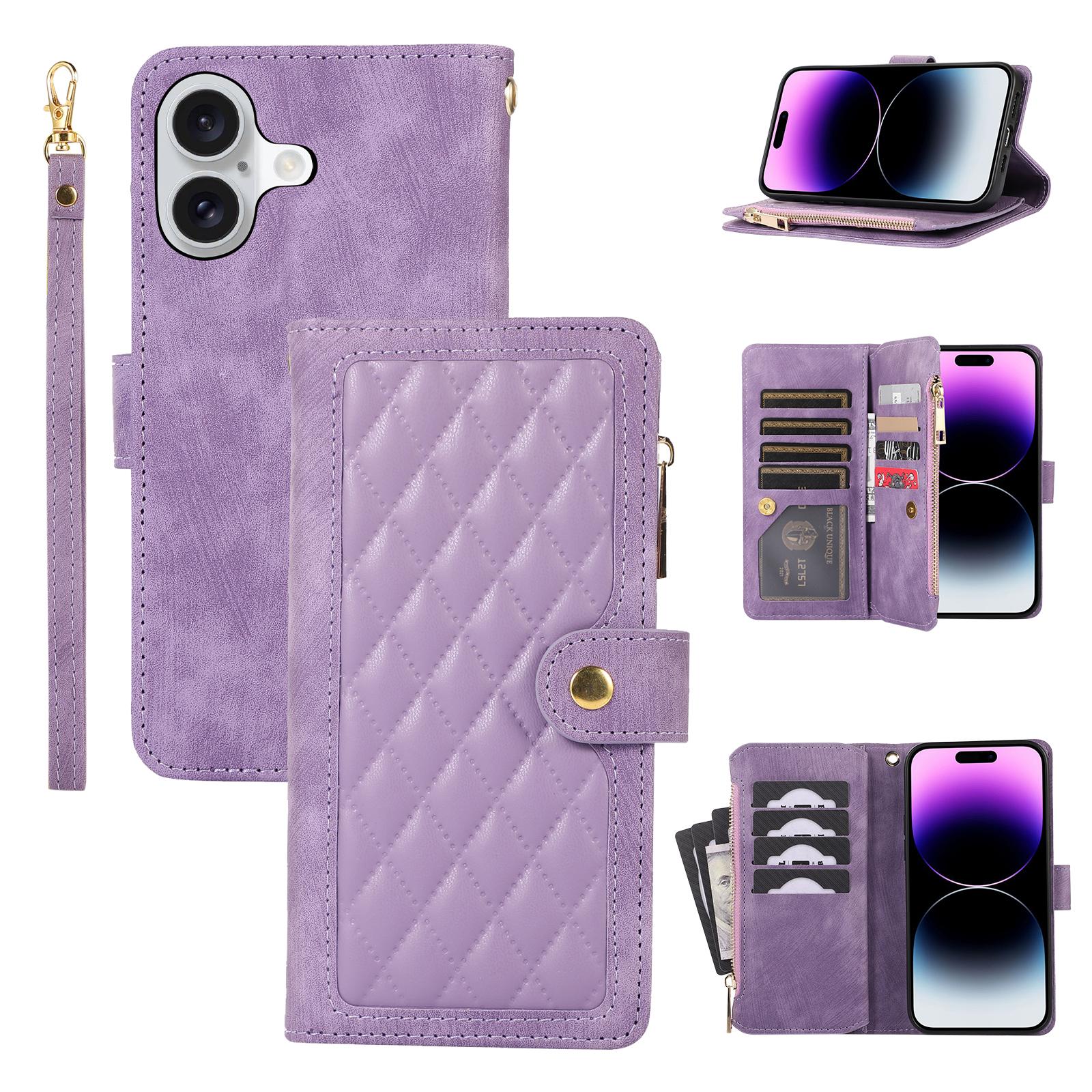 

For iPhone 16 Plus Case TPU+PU Leather Zipper Pocket Wallet Phone Cover with Wrist Strap Purple