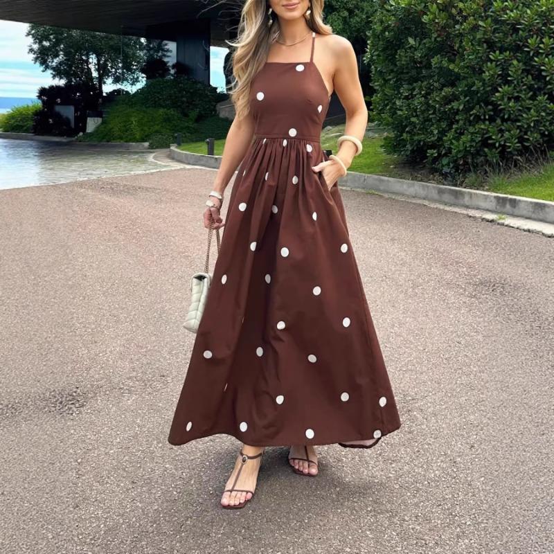 Womens Polka Dot Halter Neck Maxi Dress S