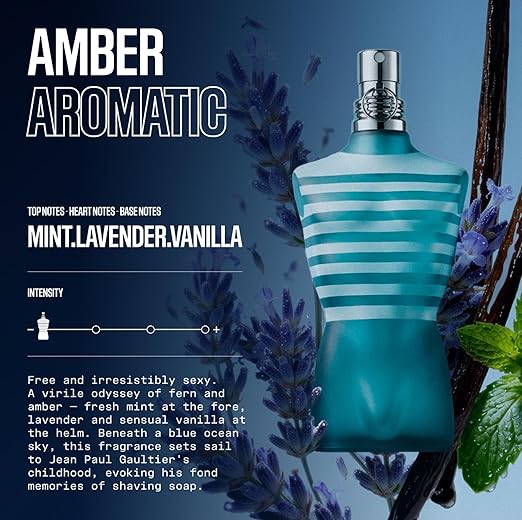Le Male Eau de Toilette - Long Lasting Amber Aromatic Cologne for Men with Fresh Mint