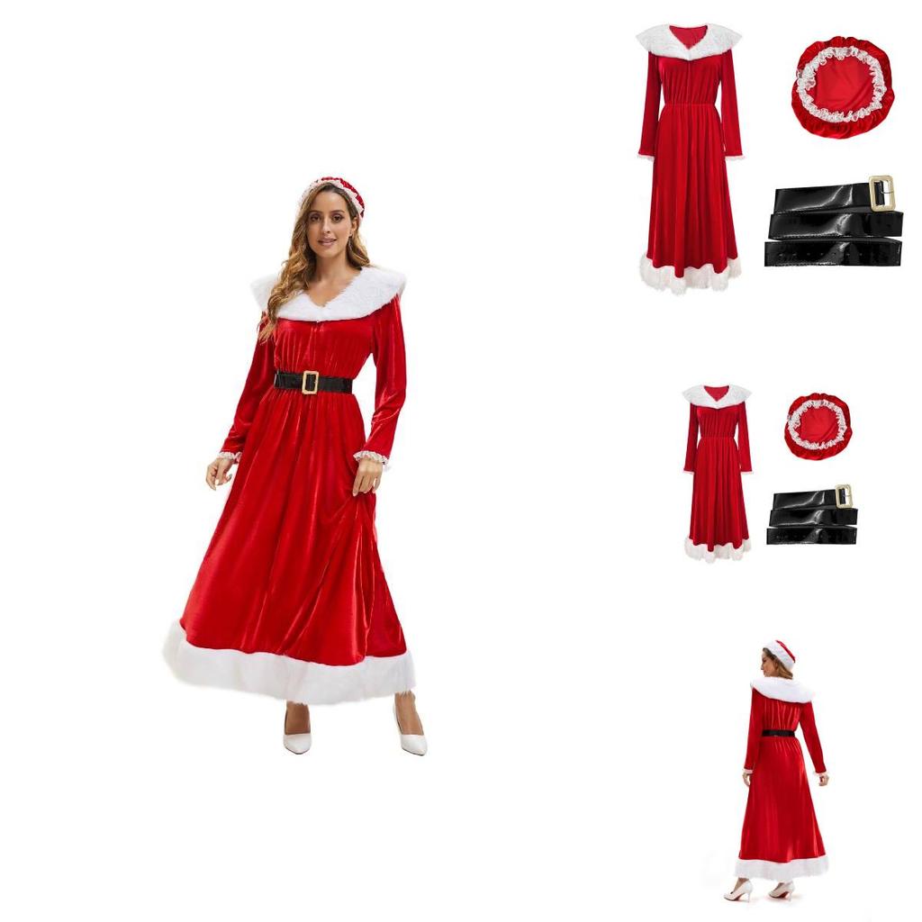 Christmas Party Vintage Velvet Long Dress Set With Hat And Belt For Women