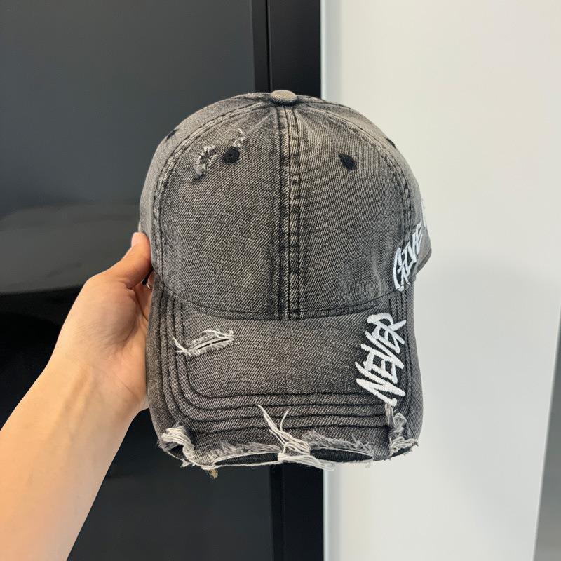Letter embroidery washed denim baseball cap women's retro ripped cap soft top big head circumference hat