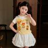 Girls Summer Cartoon Mock Two-Piece Short Sleeve T-Shirt Cute Regular Shoulder Top