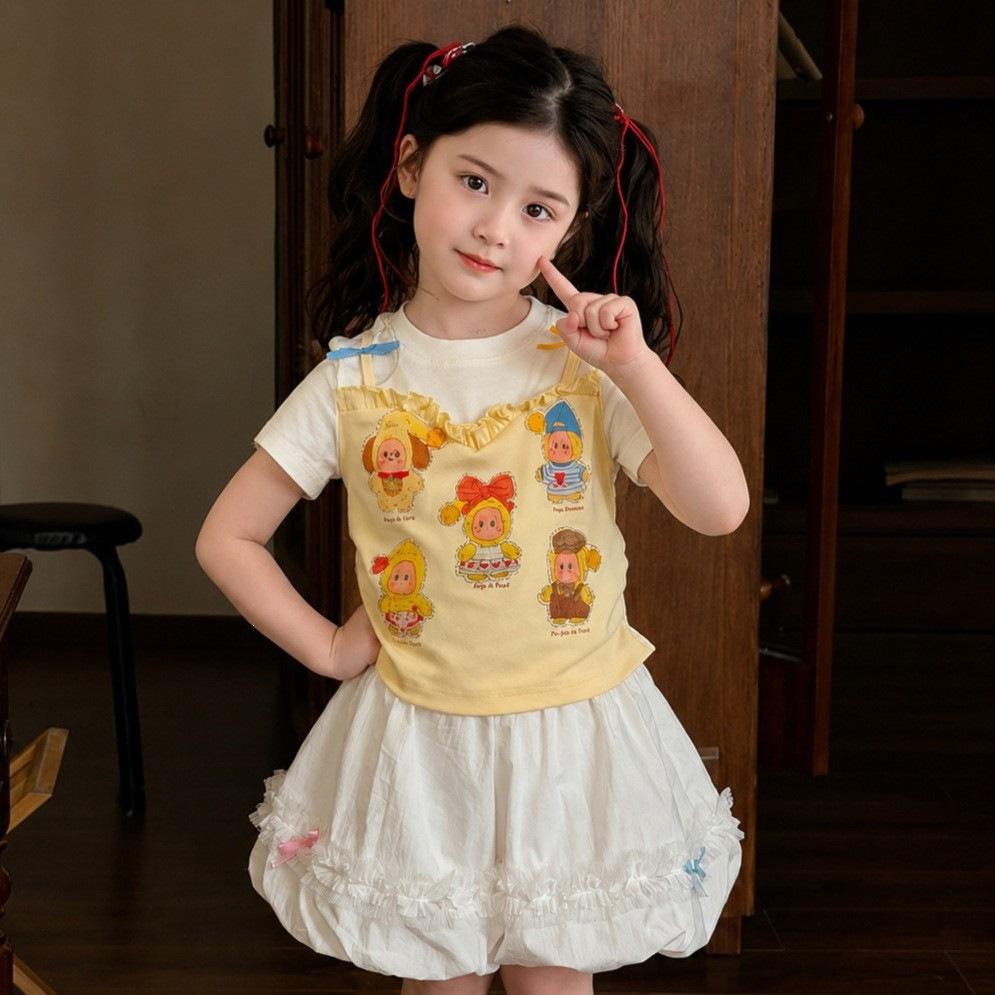 Girls Summer Cartoon Mock Two-Piece Short Sleeve T-Shirt Cute Regular Shoulder Top