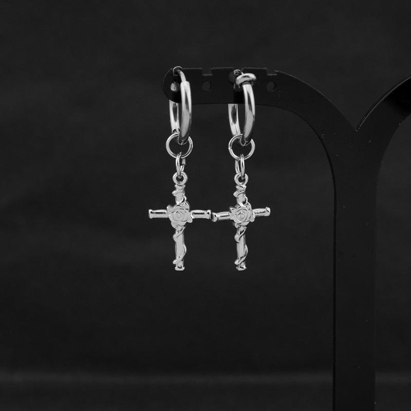 Snake Rose Flower Cross Dangle Hoops Earrings Silver Color Vintage Punk Stainless Steel Earrings For Women Men Jewelry Piercing