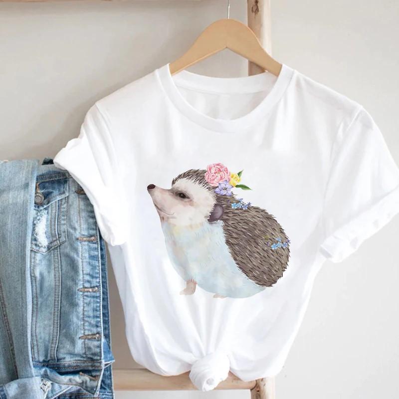Pink Women Tshirts Casual Cute Cartoon Hedgehog Floral Graphic Print Female Tee Tops Harajuku Fashion Short Sleeve T Shirt Femme