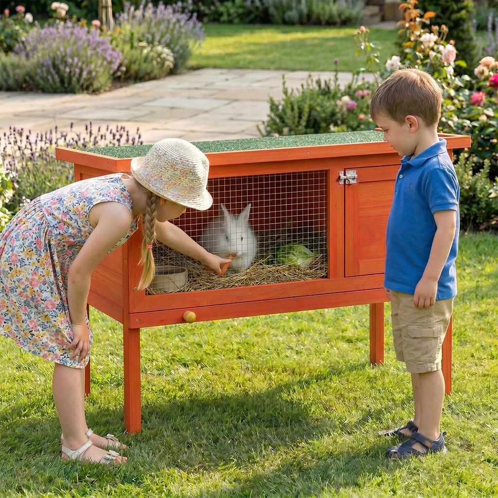 Wooden Rabbit Hutch, Guinea Pig Hutch with Asphalt Roof, Outdoor Elevated Bunny House for Rabbits, Chinchillas