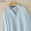 ZANZEA Womens Casual Lapel V Neck Long Sleeve Solid Color Blouse Loose Fit Work Office Shirts
