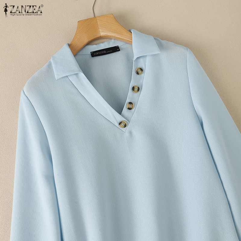 ZANZEA Womens Casual Lapel V Neck Long Sleeve Solid Color Blouse Loose Fit Work Office Shirts