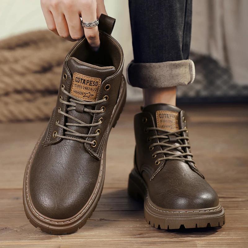 Winter Men Boots British Style Mens Ankle Boots High Top Business Leather Boots Outdoor Casual Shoes Thick Soled Work Boots