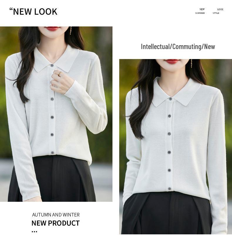 Women's Spring 2025 Lapel Cardigan Sweater - Knitwear Shirt Collar Base Layer or Outerwear Top