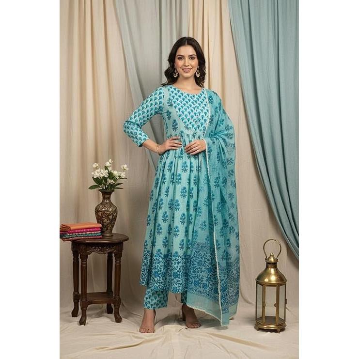 Bollywood Beautiful Aline Kurti Pant Dupatta Set Indian Women's Ethnic Kurta Set