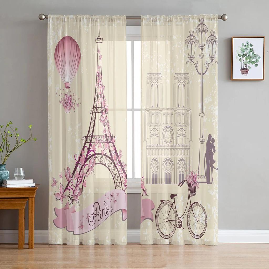 France Paris Tower Hot Air Balloon Bicycle Retro Tulle Curtains for Living Room Drapes Window Sheer Curtains for Bedroom Decor